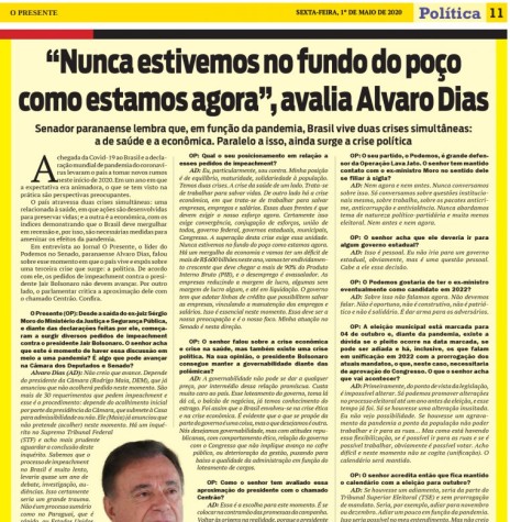 || Recorte da entrevista do senador Álvaro Dias para o periódico O Presente, página 11.
Imagem: Acervo do informativo - FOTO 17 -