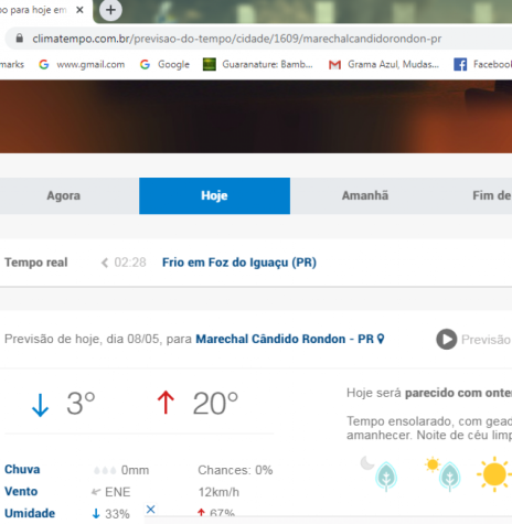 || Print da página da empresa Climatempo com a indicação da temperatura mínima média para o dia 08 de maio de 2020.
Imagem: Acervo Projeto Memória Rondonense - FOTO 11 - 