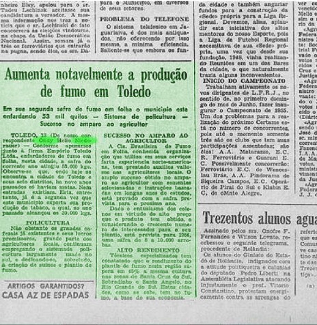 || Publicação no Diário do Paraná sobre o cultivo de tabaco no município de Toledo, em maio de 1955.
Imagem: Acervo Biblioteca Nacional Digital - FOTO 3 - 