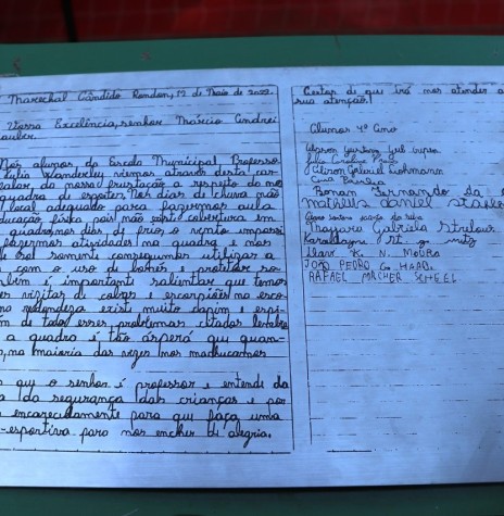 || Carta dos alunos da Escola Municipal  Júlia Wanderley reivindicando a cabertura da quadra de esportes da referida escola, em maio de 2022.
Imagem: Acervo Depto. de Imprensa PM-MCR - FOTO  15 -
