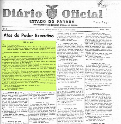 || Publicação da Lei Estadual nº 6094/1970, que criou a Inspetoria Regional de Ensino, com sede na cidade de Marechal Cândido Rondon. 
Imagem: Acervo Arquivo Público do Paraná - FOTO 7 - 