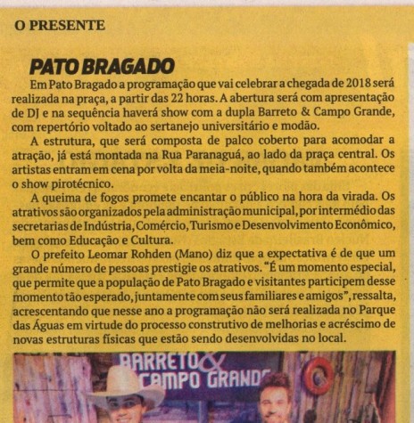 || Agenda da programação de eventos comemorativos do reivellion 2018, na cidade de Pato Bragado. 
Imagem: O Presente - FOTO 10 --