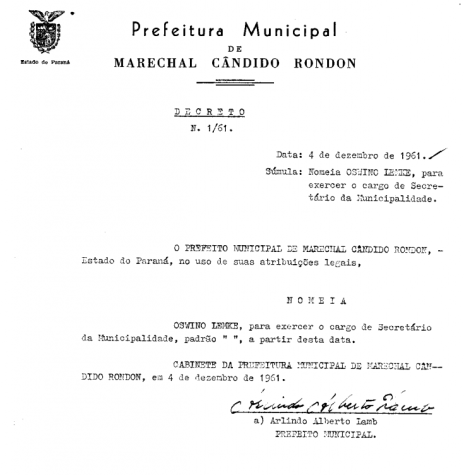 Decreto de nomeação do primeiro funcionário da Prefeitura Municipal de Marechal Cândido Rondon. 
Imagem: Arquivo PM-MCR - FOTO 4 - 