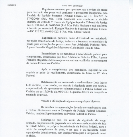 || Despacho decisório (3ª página) de mandado de prisão do ex-presidente Lula. 
Imagem: Acervo da Justiça Federal - 13ª Vara de Curitiba - FOTO 19 - 