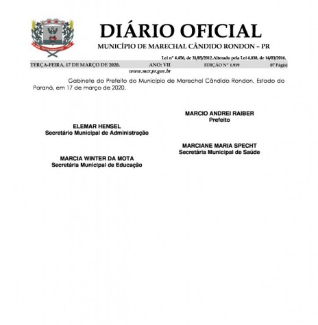 || Página final do Decreto nº 071/2020, assinado pelo Poder Executivo de Marechal Cândido Rondon.
Imagem: Acervo Diário Eletrônico do Município - FOTO 20 - 