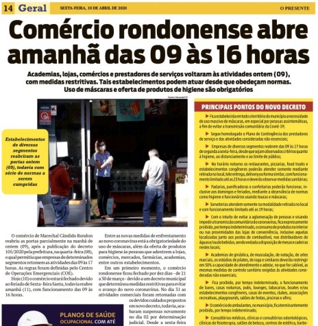 || Publicação do jornal O Presente reportando-se a reabertura do comércio em Marechal Cândido Rondon, em abril de  
Imagem: Acervo O Presente - FOTO 11 - 