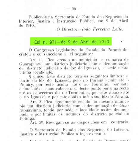 || Cópia da Lei nº 971/1910 que criou o distrito de Fóz do Iguass, em abril de .
Imagem: Acervo Arquivo Público do Paraná - FOTO 2 - 