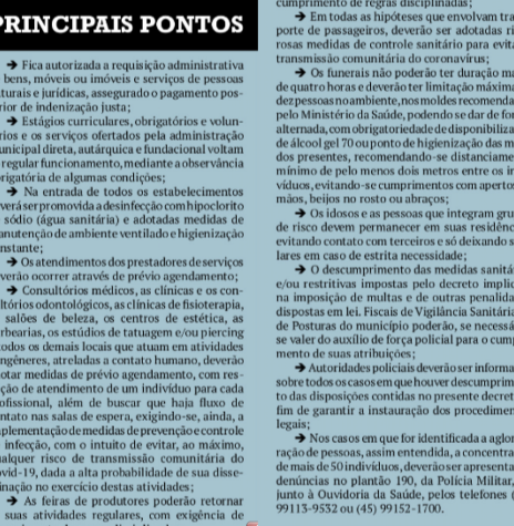 || Recorte do jornal O Presente com os principais pontos do Decreto Municipal nº 088/2020, de Marechal Cândido Rondon.
Imagem: Acervo O Presente - FOTO 20 - 