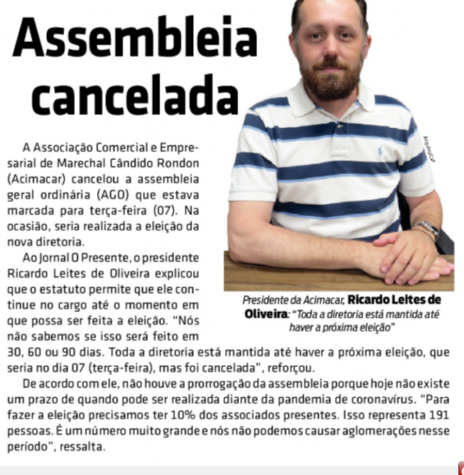 || Nota do jornal O Presente sobre o cancelamento da assembleia geral ordinária da Acimacar, em abril de 2020.
Imagem: Acervo O Presente - FOTO 12 -  