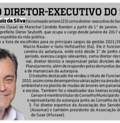 Destaque do jornal rondonense O Presente sobre a nomeação do novo diretor-executivo do SAAE de Marechal Cândido Rondon.
Imagem: Acervo O Presente - FOTO 101-