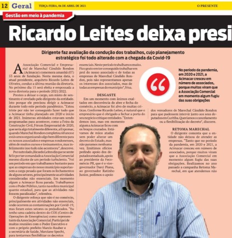 || 1ª parte da entrevista de Ricardo Leites de Oliveira ao jornal O Presente, em abril de 2021.
Imagem: Acervo do periódico - FOTO 19 - 