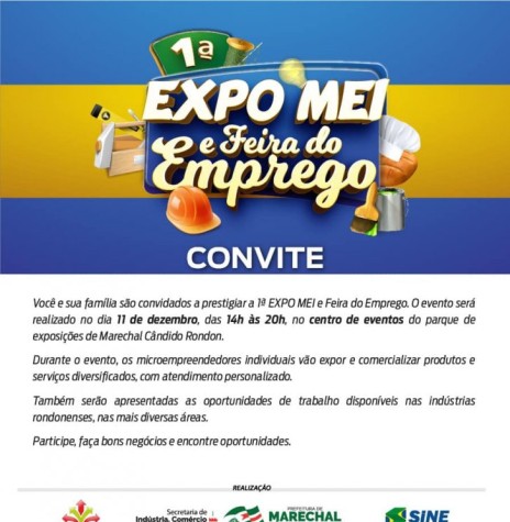 Cartaz-convite para a 1ª ExpoMei e Feira do Emprego de Marechal Cândido Rondon, em dezembro de 2021.
Imagem: Acervo Imprensa PM-MCR- FOTO 27 -