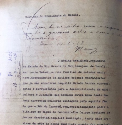 || equerimento de concessão de terras dirigido ao Governo do Paraná, por  Miguel Matte, em abril de 1918.
 Imagem: Acervo Arquivo Público do Paraná - FOTO 15 -