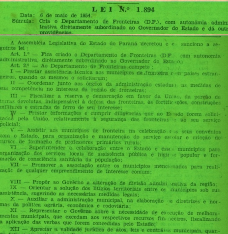 || Cópia da publicação da Lei nº 1894/1954, no Diário oficial do Estado nº  53, de 10 de maio de 1954.
Imagem (Remontada do original): Acervo Arquivo Público do Paraná - FOTO 4 - 