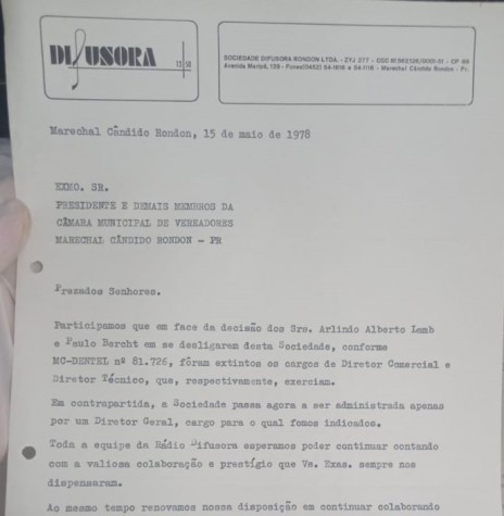 || Correspondência encaminhada por Elio Winter à Câmara Municipal de Marechal Cândido Rondon com a informação que assumiu a direção-geral da Rádio Difusora do Paraná, em maio de 1978.
Imagem: Acervo CM-MCR - FOTO 7 -