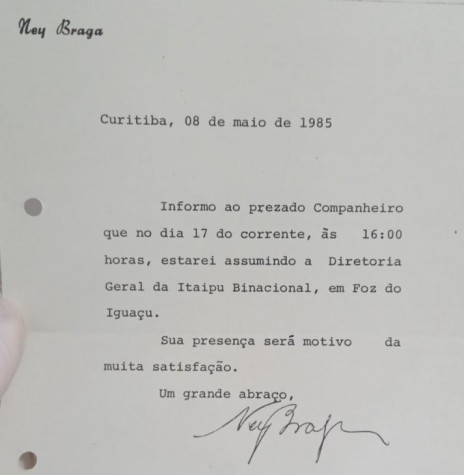 || Cópia do convite de Ney Braga para sua posse na Itaipu, dirigido à Câmara Municipal de Marechal Cândido Rondon, em maio de 1985.
Imagem> Acervo do Legislativo referenciado - FOTO 7 -