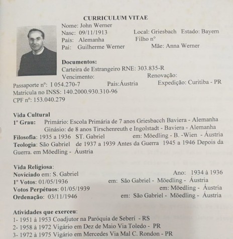 || Currículo vitae (parte) do padre João Werner.
Imagem: Acervo Provinciliado do Verbo Divino (Curitiba) - FOTO 12 - 