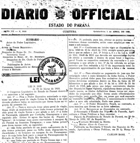 || Cópia da publicação da Lei nº 1.939, de 20 de março de 1920, ref. ao Plano Feroviário do Estado do Paraná. 
Imagem: Acervo Arquivo Público do Paraná - FOTO 2 - 