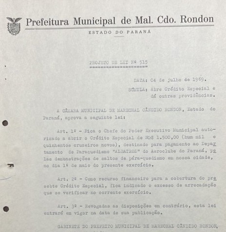||  Cópia do projeto de lei para abertura de crédito especial para pagamento da apresentação de parquedismo.
Imagem: Acervo Câmara Municipal de Marechal Cândido Rondon - FOTO 10 - 
