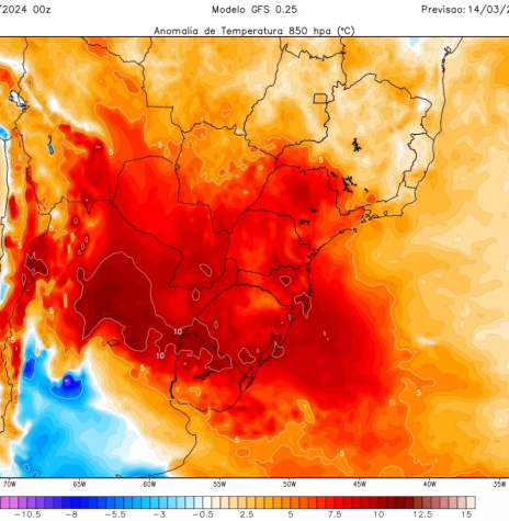 || Mapa metereológico identificando a bolha de calor  de final de verão 2023/2024 no continente sul-americano.
Imagem; Acervo Metsul Metereologia - FOTO 24 - 
