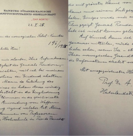 || Carta de Einstein para o comitê do Nobel indicando o General Rondon para a Prêmio Nobel da Paz. 
Imagem: Acervo Porto Rondoniense - FOTO 2 - 
