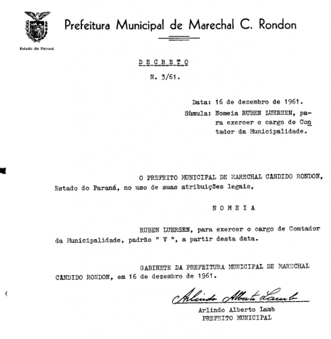 Decreto que nomeou Ruben Luersen para contador da Prefeitura Municipal de Marechal Cândido Rondon. 
Imagem: Arquivo da PM-MCR - FOTO 4 - 
