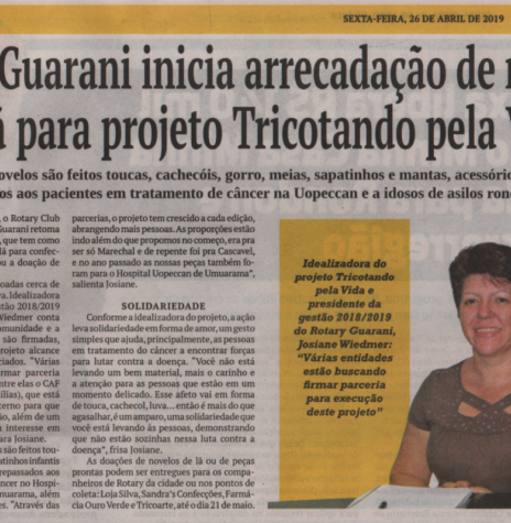|| Recorte noticioso do jornal O Presente ref. a campanha de arrecadação de novelos de lã do Rotary Club Guarani, em abril de  
Imagem: Acervo O Presente - FOTO  19 - 