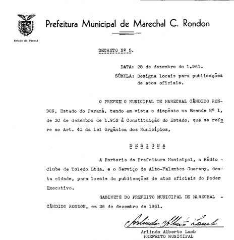 Decreto nº 5/61, que especificava os locais de publicação dos atos oficiais do município de Marechal Cândido Rondon. 
Imagem: Arquivo PM-MCR - FOTO 6 - 