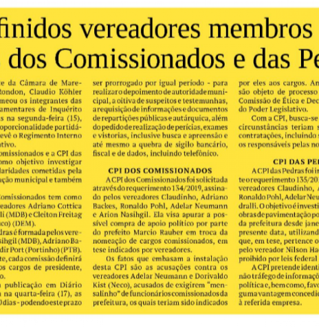 || Recorte noticioso do jornal O Presente sobre a instalação de CPIS na Câmara Municipal de Marechal Cândido Rondon.
Imagem: Acervo do Informativo - FOTO 22-