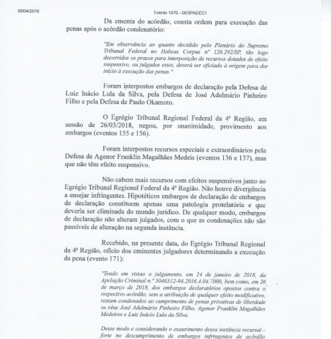|| Despacho decisório (2ª página) de mandado de prisão do ex-presidente Lula. 
Imagem: Acervo da Justiça Federal - 13ª Vara de Curitiba - FOTO 18 - 