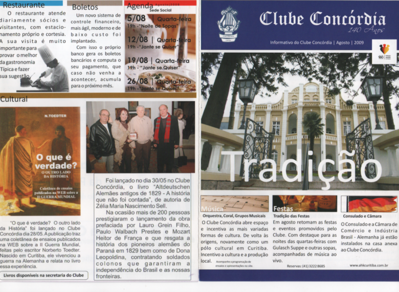 Capa e contracapa do Informativo do Clube Concórdia, de Curitiba, destacando o lançamento do livro da historiadora Zelia Sell. 