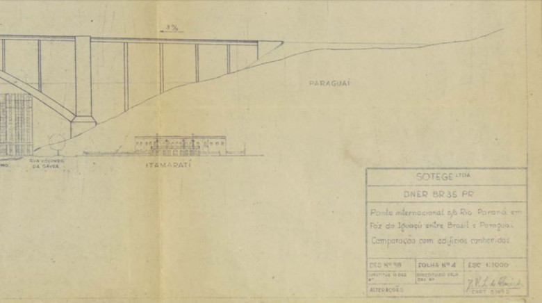 Comparação da altura da ponte com o Edifício do Itamaraty, na cidade do Rio de Janeiro.
Imagem: Acervo Walter Dysarsz - Foz do Iguaçu.