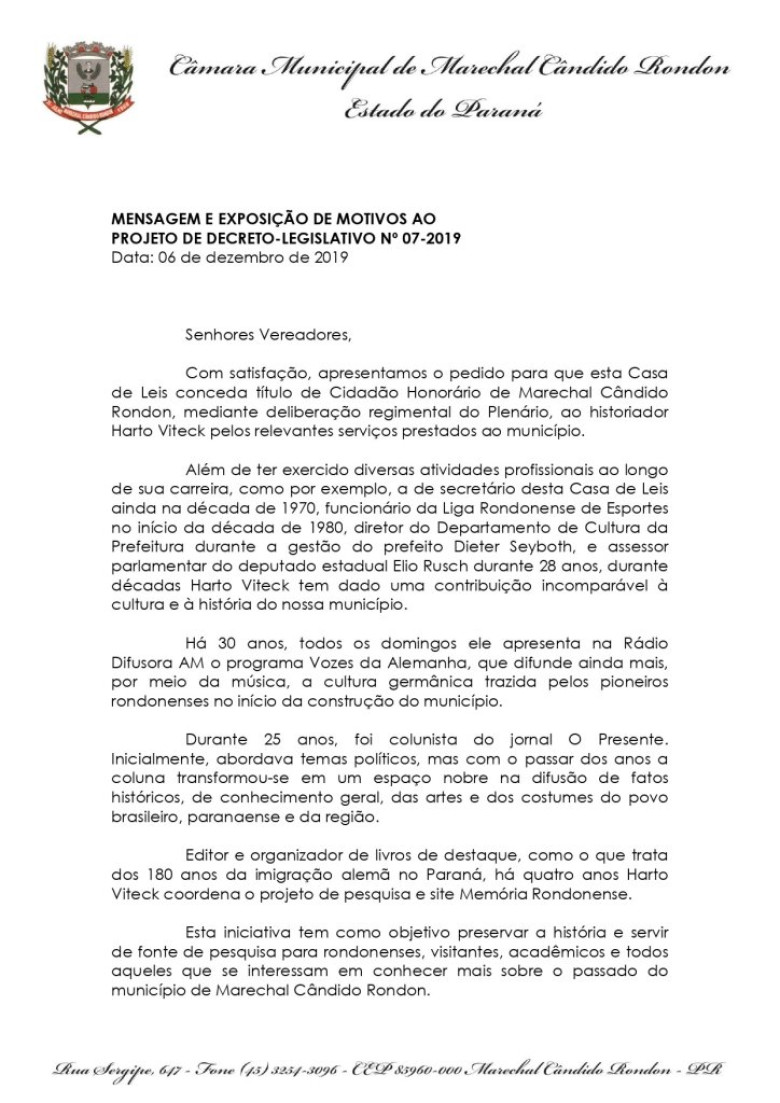 || Página 2 do do projeto de resolução para concessão do título de Cidadão Honorário de Marechal Cândido Rondon para Harto Viteck. 