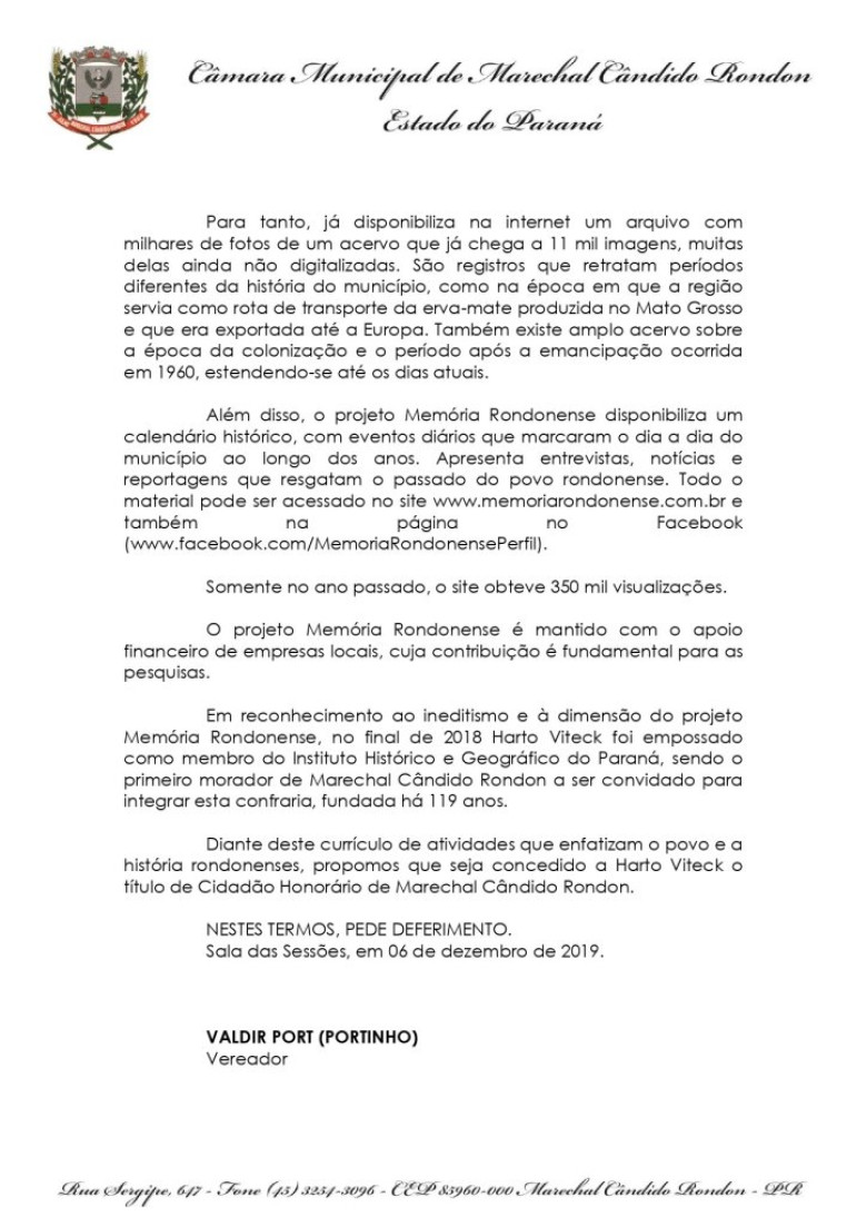 || Página final do projeto de resolução para concessão do título de Cidadão Honorário de Marechal Cândido Rondon para Harto Viteck. 
