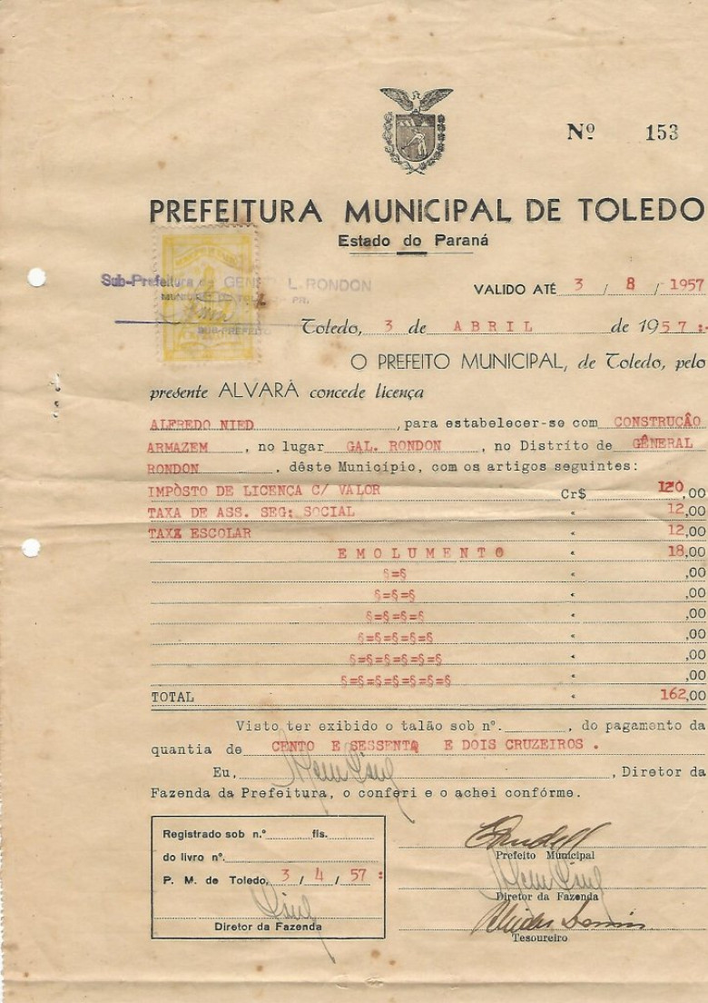 Álvara emitido pela Prefeitura Municipal de Toledo, via sub-prefeitura do distrito de General Rondon. No carimbo ao alto, à esquerda, no carimbo está a assinatura do então subprefeito, senhor Henrique Sturm. 
Imagem: Acervo Walmor Nied