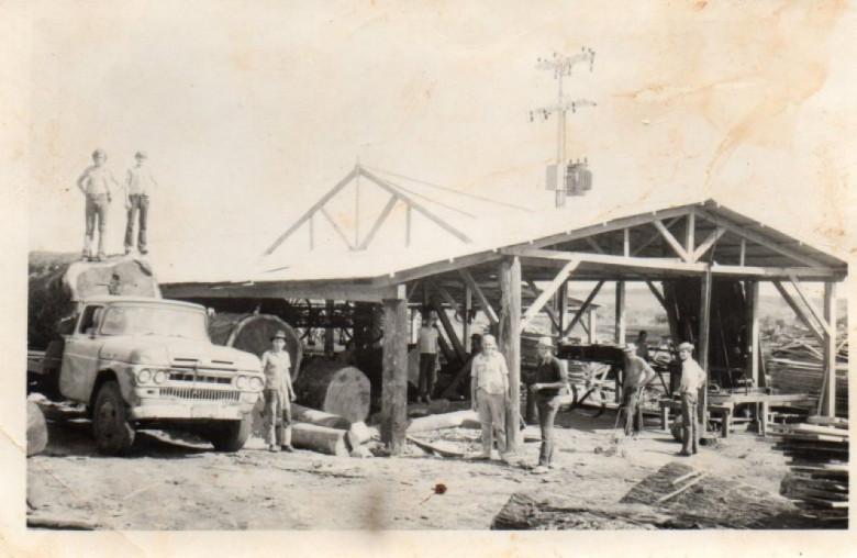 || Serraria Grimal - Madeireira Griwa Ltda., localizada em Porto Mendes, de propriedade de Hugo Anibal Haubert e Werner Walter, cuja sociedade foi fundada no começo de 1970. No fim da década de 1970, Hugo Anibal Haubert vendeu a sua parte societária para Wener Walter. Da esquerda à direita: Paulo Renato Haubert, Vilmar Walter, Mansueto ... , Hugo Anibal Haubert e Estanislau ... As pessoas ao fundo não identificadas.