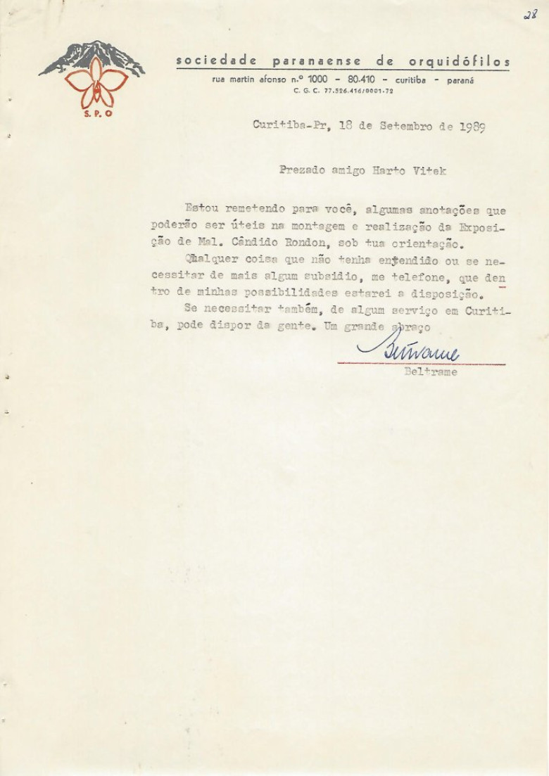 Correspondência do presidente da Sociedade Paranaense de Orquidófilos anunciando a remessa em apenso de informações  sobre como organização uma exposição de orquídeas. 
Imagem: Acervo Memória Rondonense. 