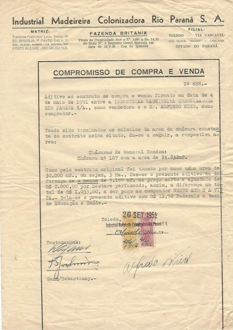 Aditivo ao contrato de compra e venda da compra de uma chácara. 
Imagem: Acervo Walmor Nied