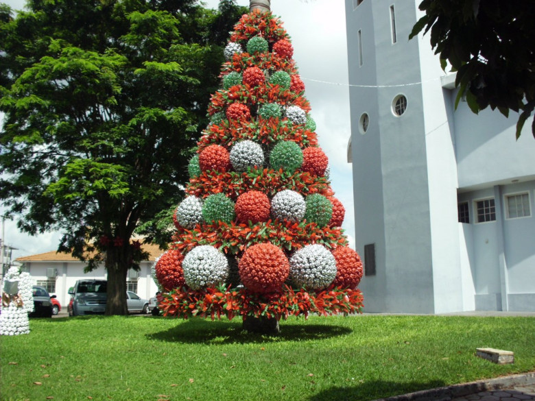 Pinheiro gigante confeccionado com garrafas pets no pátio da Matriz Católica Sagrado Coração de Jesus. 
Imagem: Acervo Memória Rondonense