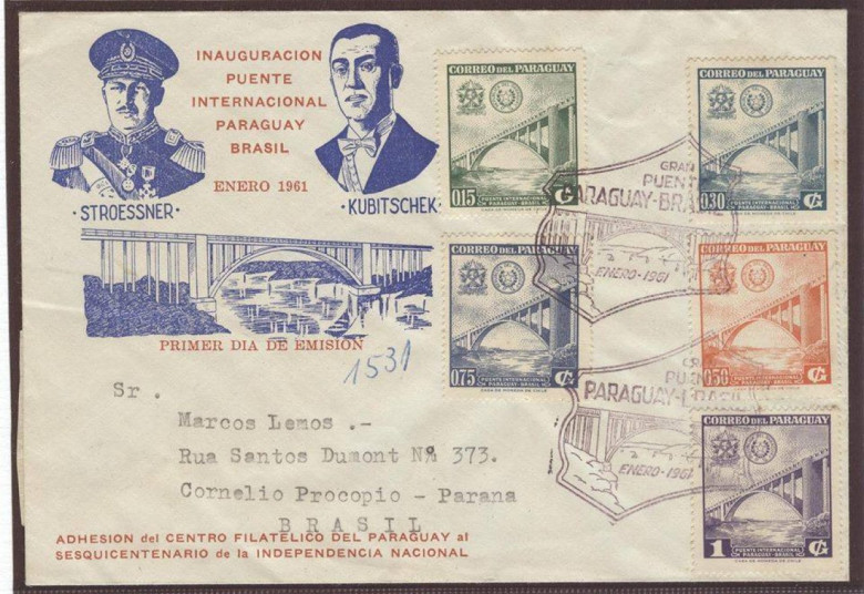Peça filatélica dos correios do Paraguai assinalando a inauguração da 1ª etapa da Ponte da Amizade. 
Imagem: Acervo Wagner Dias - Foz do Iguaçu / Facebook.