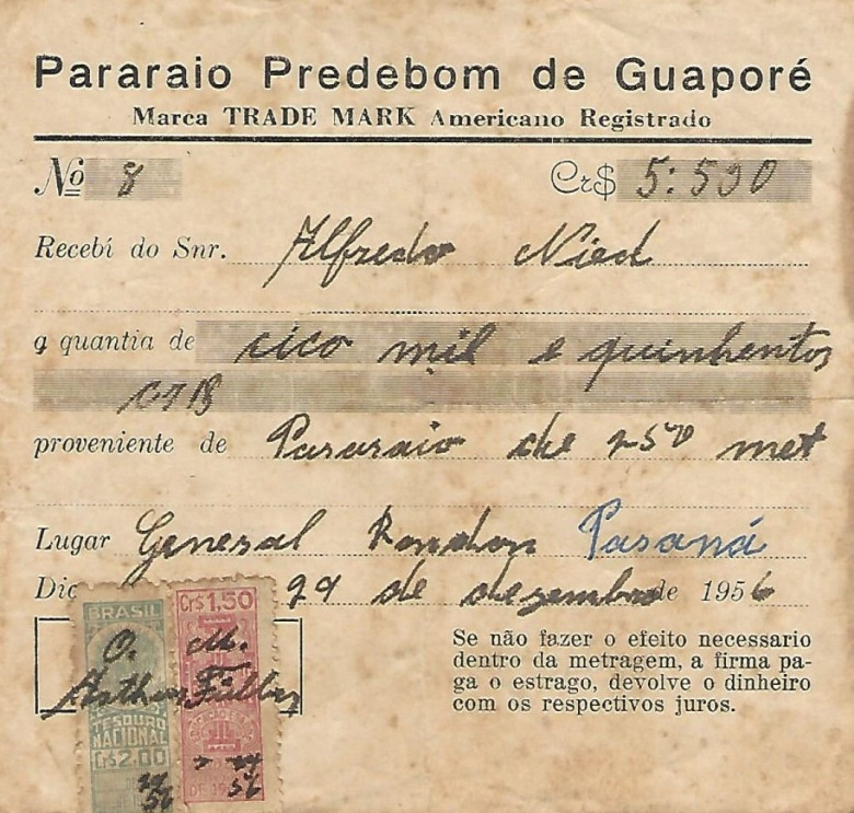 Recibo de compra de um para raio pelo pioneiro Alfredo Nied, o primeiro instalado em Marechal Cândido Rondon. 
Imagem: Acervo Walmor Nied 