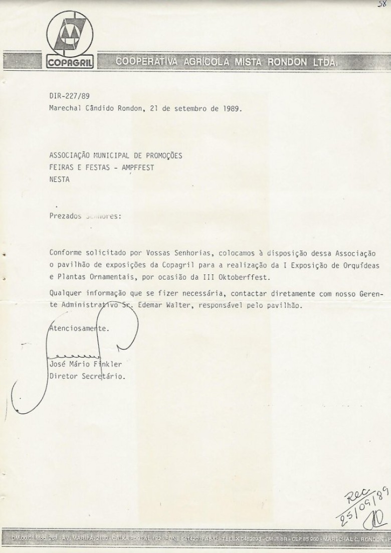 Carta da direção da Copagril autorizando o uso de seu pavilhão no Parque de Exposição Álvaro Dias para abrigar a Exposição. 
Imagem: Acervo Memória Rondonense. 
