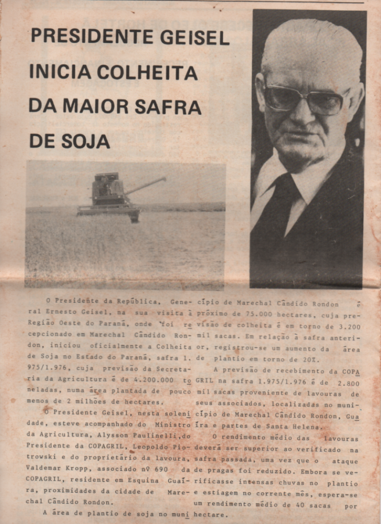 Contracapa do Informativo Copagril nº 8 se reportando a visita do Presidente Ernesto Geisel e o início da colheita do soja. 