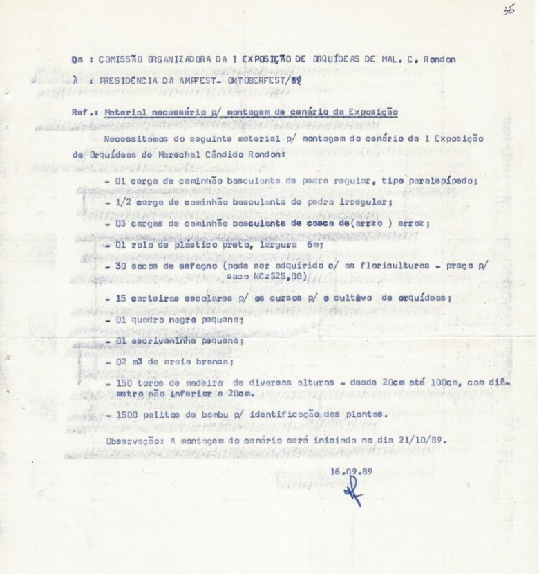 Carta da organização da Exposição com o material aos dirigente s AMPFEST quanto ao tipo de material e quantidades necessárias para organizar a Exposição. 
Imagem: Acervo Memória Rondonense. 