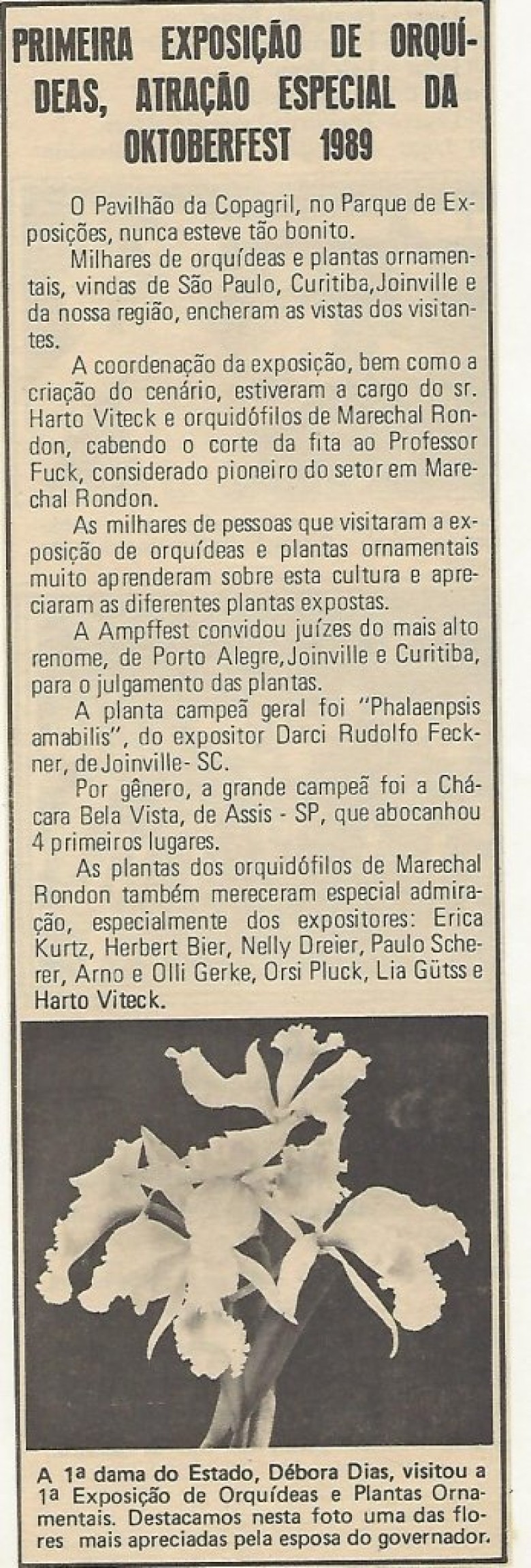 Publicação no boletim da Associação Municipal de Promoções e Festas da Marechal Cândido Rondon referente da exposição de orquídeas e plantas ornamentais. 
Imagem: Acervo Memória Rondonense. 