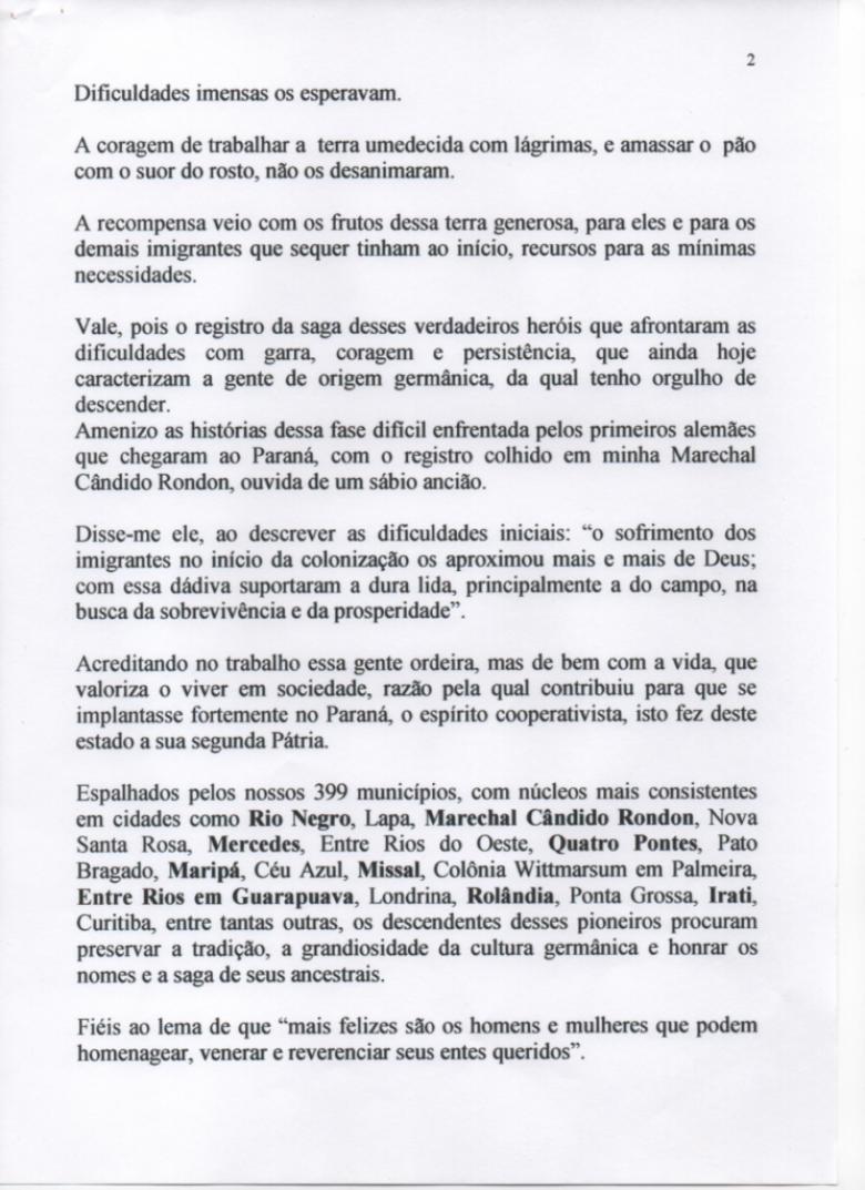 Página 2  do discurso do deputado estadual Elio Rusch e presidente da Comissão de Festejos dos 180 Anos da Imigração Alemã no Paraná.