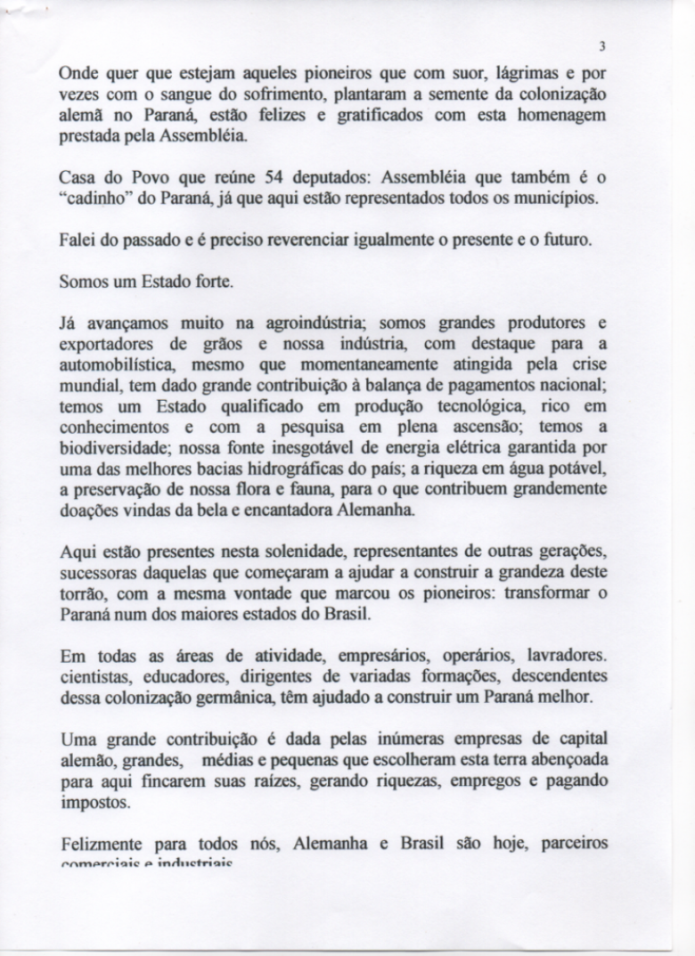 Página 3  do discurso do deputado estadual Elio Rusch e presidente da Comissão de Festejos dos 180 Anos da Imigração Alemã no Paraná.