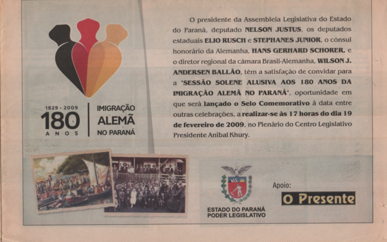 Convite publicado pelo jornal O Presente, de Marechal Cândido Rondopn (PR) para a sessão solene comemorativa. 