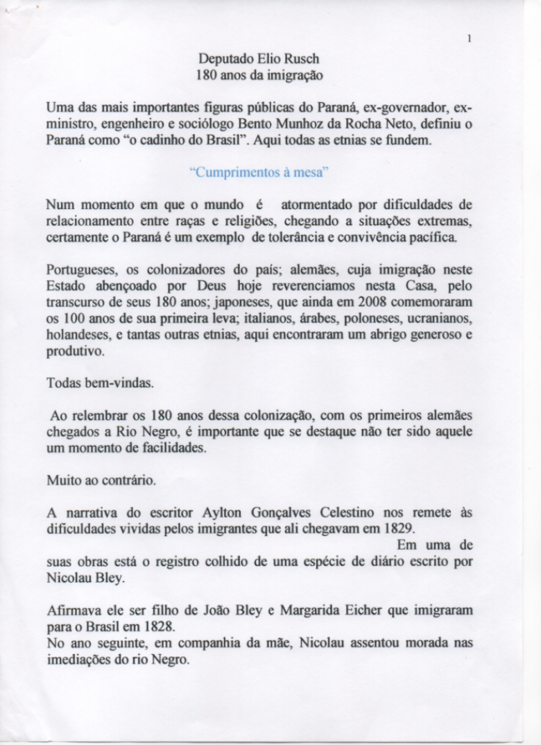 Página inicial do discurso do deputado estadual Elio Rusch e presidente da Comissão de Festejos dos 180 Anos da Imigração Alemã no Paraná.