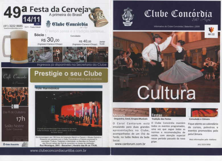 Capa e contracapa de Informativo do Clube Concórdia, de Curitiba, destacando a 49ª Festa da Cerveja, evento da agenda programática dos 180 Anso da Imigração Alemã no Paraná. 
